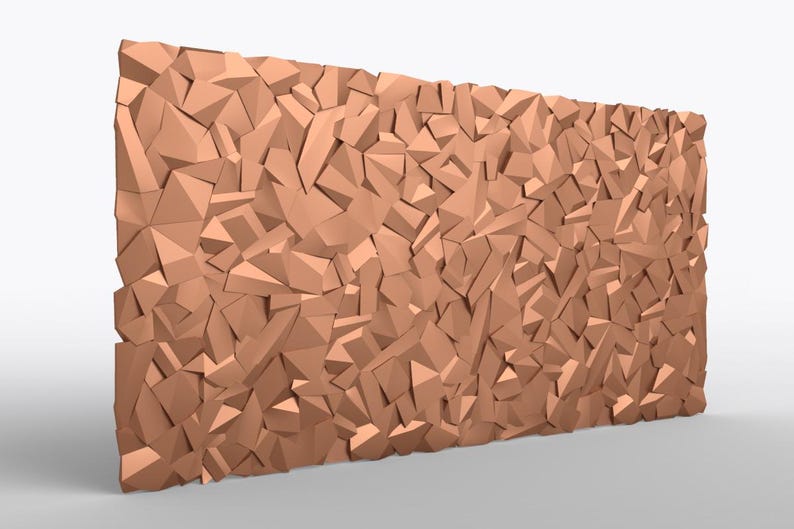 Angled view of 3D faceted rock texture panel, about 48 x 96 inches and 1 inch thick, STL file for CNC sign makers. Bold carved stone surface for routed sign backgrounds, wall panels, furniture accents, and art installs, designed for smooth milling in HDU, wood, or foam.