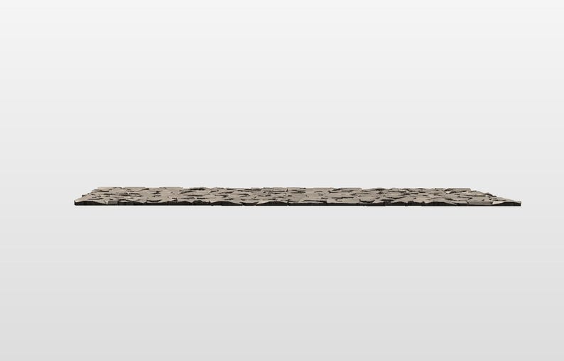 Low side view of 3D faceted rock texture panel showing the thin 1 inch edge and full carved surface. STL model scaled to 48 x 96 inches, created for CNC routing, dimensional sign backgrounds, and decorative panels with efficient toolpaths and fast finish passes.