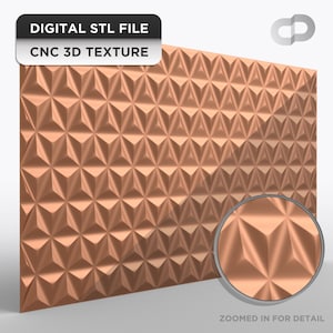 Puede incluir: Un panel de textura 3D de color cobre con un patrón geométrico repetitivo de formas triangulares. El panel está etiquetado como "DIGITAL STL FILE" y "CNC 3D TEXTURE". Un detalle ampliado muestra el intrincado diseño de la textura.