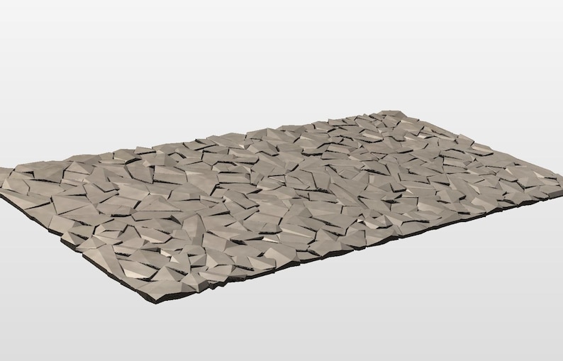 Top angled view of the 3D faceted rock texture laid flat, showing the repeating carved stone pattern across a 48 x 96 inch panel. High resolution STL texture for CNC routers, ideal for sign backgrounds, feature walls, and furniture accents with smooth milling and clean paint finishes.