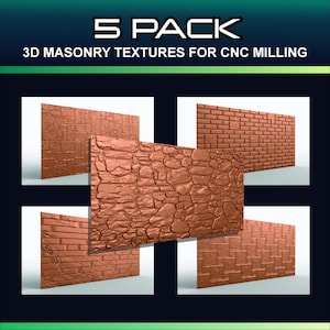 Könnte beinhalten: Ein Produktbild mit fünf 3D-Mauerwerkstexturen für das CNC-Fräsen. Die Texturen umfassen verschiedene Ziegel- und Steinmuster in Brauntönen. Der Text "5 PACK" und "3D MASONRY TEXTURES FOR CNC MILLING" ist oben zu sehen.