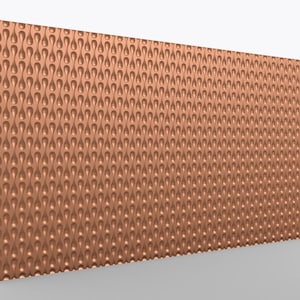 Könnte beinhalten: Kupferfarbene Wandpaneele mit einem sich wiederholenden Tropfenmuster. Das Paneel hat ein strukturiertes, dreidimensionales Design, das eine visuell interessante Oberfläche schafft. Das Paneel ist rechteckig und scheint aus Metall zu sein.