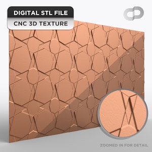 May include: A digitally rendered, geometric 3D texture in a warm, copper tone. The design features a repeating pattern of interconnected shapes, with a close-up detail view. Text on the image reads "DIGITAL STL FILE" and "CNC 3D TEXTURE".