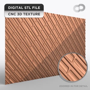 Op de afbeelding: Een digitaal weergegeven, bruine 3D-textuur met een herhalend rechthoekig patroon. De afbeelding bevat de tekst "DIGITAL STL FILE" en "CNC 3D TEXTURE" in witte letters op een zwarte achtergrond. Een ingezoomde detailweergave is ook inbegrepen.