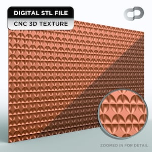 May include: A copper-colored panel with a repeating geometric pattern. The panel has a 3D texture and is labeled "DIGITAL STL FILE" and "CNC 3D TEXTURE". A zoomed-in detail shows the pattern more closely.