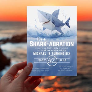 Shark Birthday Invitation edit in Canva -  Shark-abration Party Invite - Editable Template - Ocean Party - Jawsome Invite