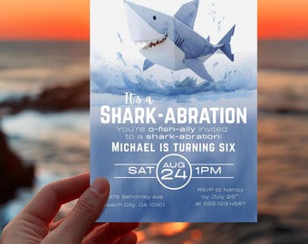 Shark Birthday Invitation edit in Canva -  Shark-abration Party Invite - Editable Template - Ocean Party - Jawsome Invite