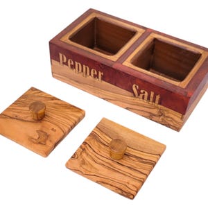 Handcrafted Olive Wood Salt and Pepper Box with Red Resin Inlay - Rustic Kitchen Spice Holder, Dual Compartment Storage.