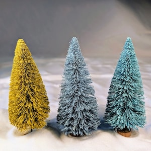 Three 12.5cm Sisal/Bottle Brush Christmas Trees in Shades of Chartreuse Green and Light Blues.