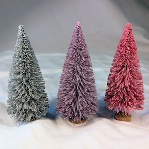 Three 12.5cm Sisal/Bottle Brush Christmas Trees in Shades of Grey-Blue, Lilac and Sugar Pink.