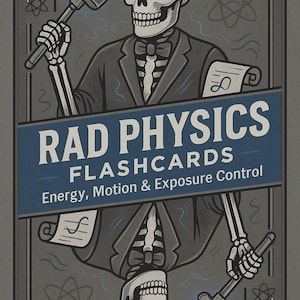 May include: A playing card design featuring a skeleton in a suit holding a mallet. The card reads "RAD PHYSICS FLASHCARDS" with text about energy, motion, and exposure control. The card is gray, with blue accents and the letter "J".