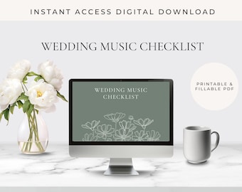 May include: A computer screen displaying a printable wedding music checklist with a green background and white floral illustrations. The text "Wedding Music Checklist" is displayed on the screen. The computer is on a white marble surface with a white mug and a vase of white flowers.