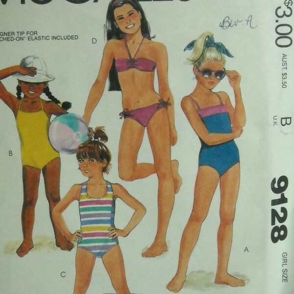 mccall's 9128, vintage 80s children's swim suits pattern UNCUT, girls' size 8, chest 27 FREE SHIPPING  to canada and usa