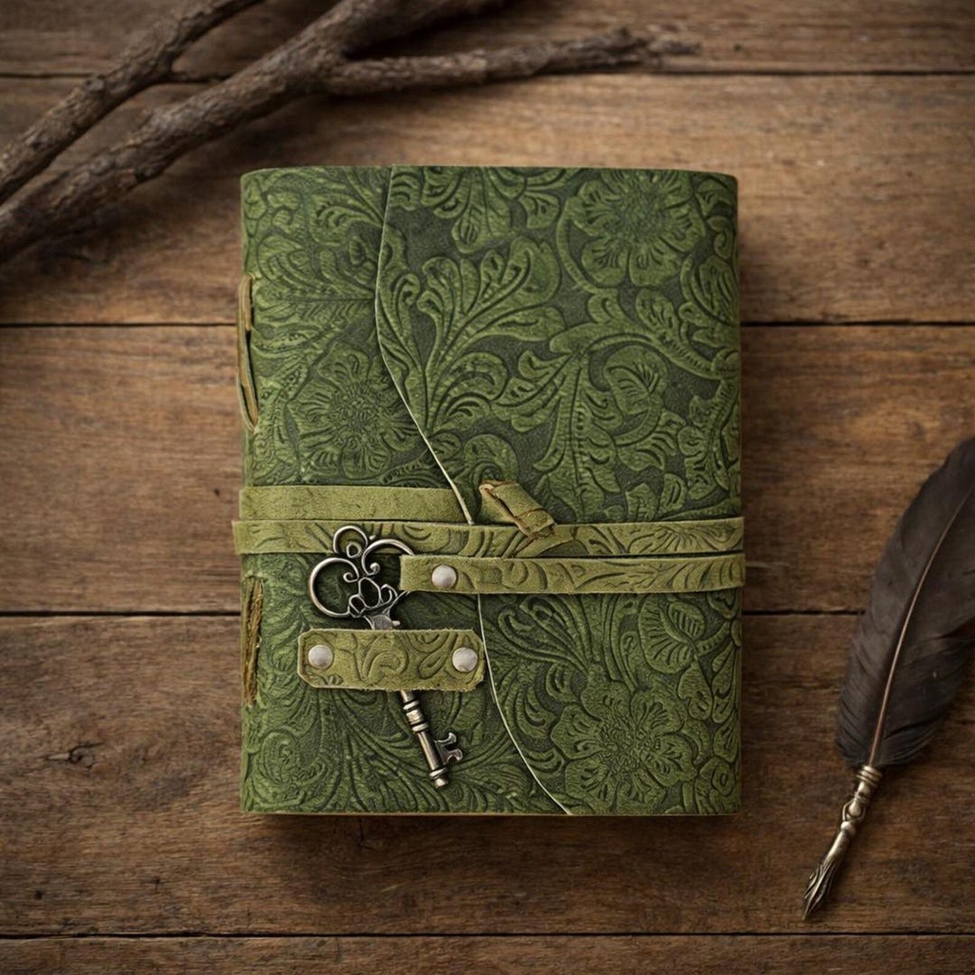 Green Embossed Leather Journal | Handmade Vintage Paper Notebook ...