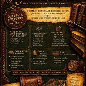 May include: A promotional graphic for MysticLeather featuring text, a brown leather bag, and a vintage-style book with a metal clasp. The layout includes sections detailing duty-free delivery, transparent pricing, and shipping information for leather goods.