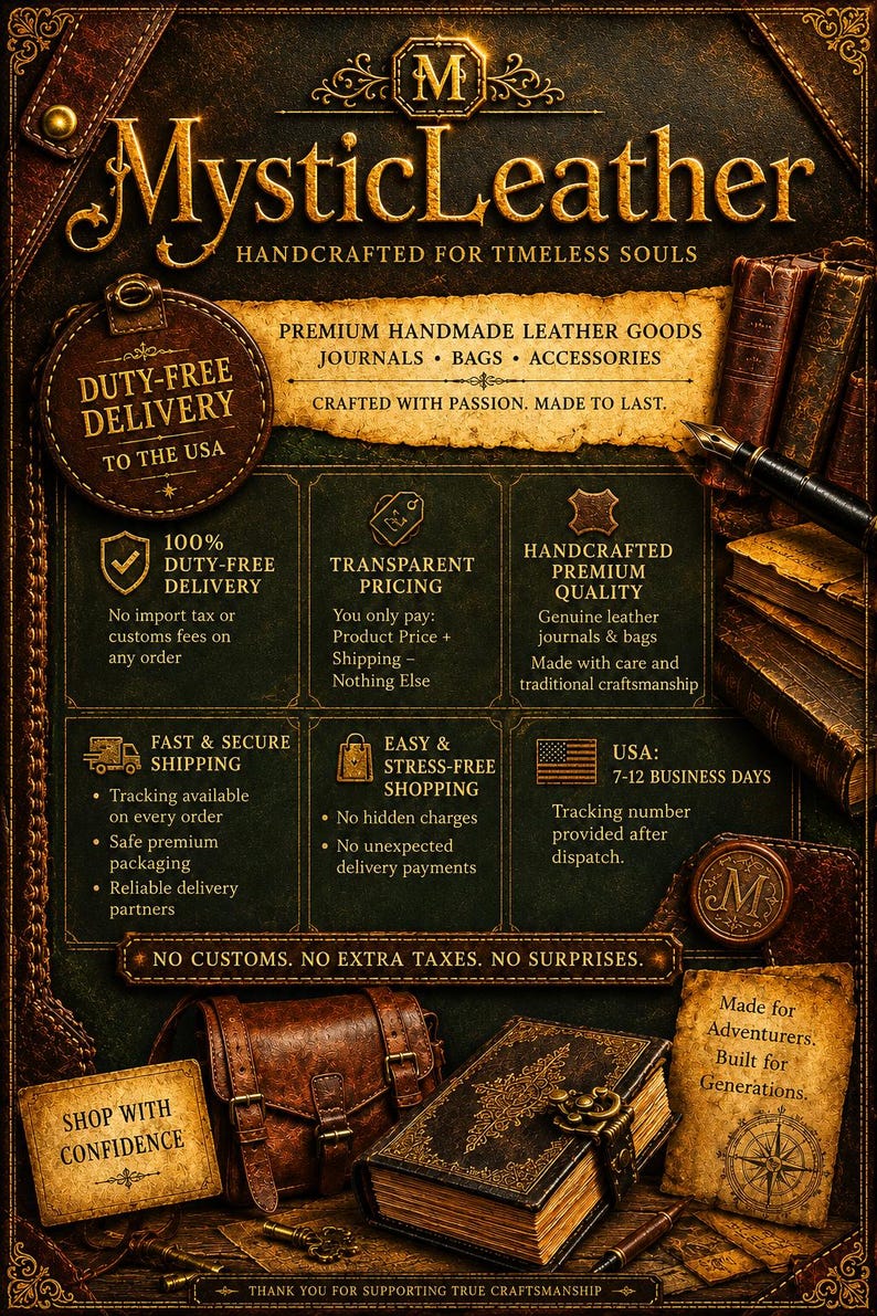 May include: A promotional graphic for MysticLeather featuring text, a brown leather bag, and a vintage-style book with a metal clasp. The layout includes sections detailing duty-free delivery, transparent pricing, and shipping information for leather goods.
