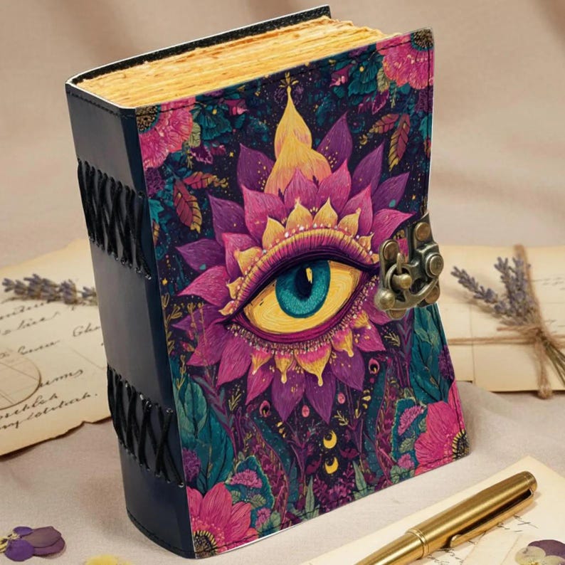 evil eye leather journal, handmade grimoire journal, book of shadows, vintage spell book, witchy journal, third eye notebook, celestial journal, gothic leather diary, antique paper notebook, manifestation journal, dark academia journal, spiritual gift, leather sketchbook