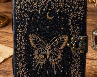 intage Butterfly Leather Journal with Lock, Handmade Antique Paper Notebook, Celestial Grimoire, Witchcraft Spell Book, Dark Academia Gift