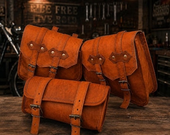 Set di borse laterali per moto in pelle fatte a mano, borse laterali vintage marroni da motociclista, borsa portautensili in pelle arrotolabile, bagaglio universale per moto.