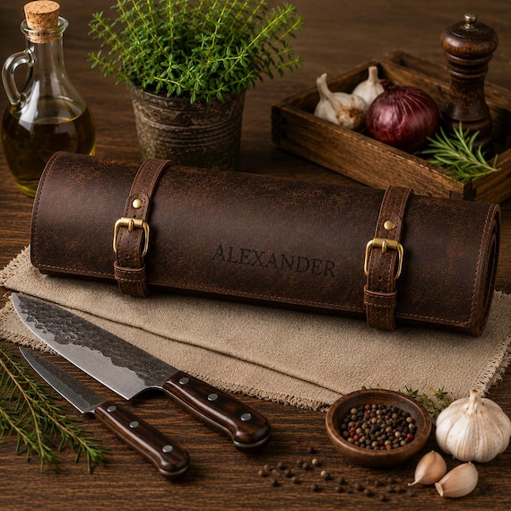 Handmade Leather Knife Roll | Personalized Chef Knife Bag | Full Grain Knife Storage Case | Culinary Travel Roll | Chef Gift for Men,