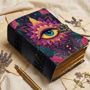 evil eye leather journal, handmade grimoire journal, book of shadows, vintage spell book, witchy journal, third eye notebook, celestial journal, gothic leather diary, antique paper notebook, manifestation journal, dark academia journal, spiritual gift, leather sketchbook