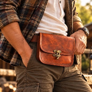 May include: A rectangular brown leather waist bag featuring a smooth finish and a prominent antique brass-toned metal latch closure. The bag is secured to a matching leather belt worn around the waist, showcasing visible stitching along the edges.