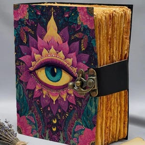 evil eye leather journal, handmade grimoire journal, book of shadows, vintage spell book, witchy journal, third eye notebook, celestial journal, gothic leather diary, antique paper notebook, manifestation journal, dark academia journal, spiritual gift, leather sketchbook