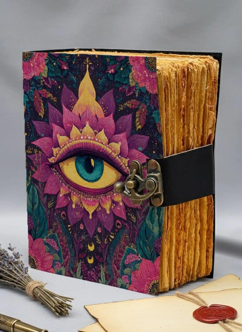evil eye leather journal, handmade grimoire journal, book of shadows, vintage spell book, witchy journal, third eye notebook, celestial journal, gothic leather diary, antique paper notebook, manifestation journal, dark academia journal, spiritual gift, leather sketchbook
