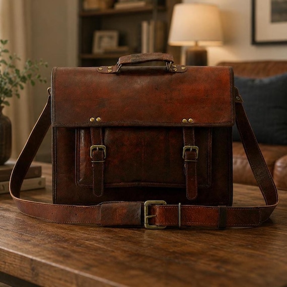 Leather Messenger Bag for Men, Full Grain Leather Laptop Briefcase, Handmade Vintage Satchel, Personalized Gift