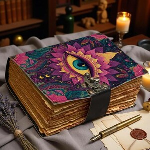 evil eye leather journal, handmade grimoire journal, book of shadows, vintage spell book, witchy journal, third eye notebook, celestial journal, gothic leather diary, antique paper notebook, manifestation journal, dark academia journal, spiritual gift, leather sketchbook
