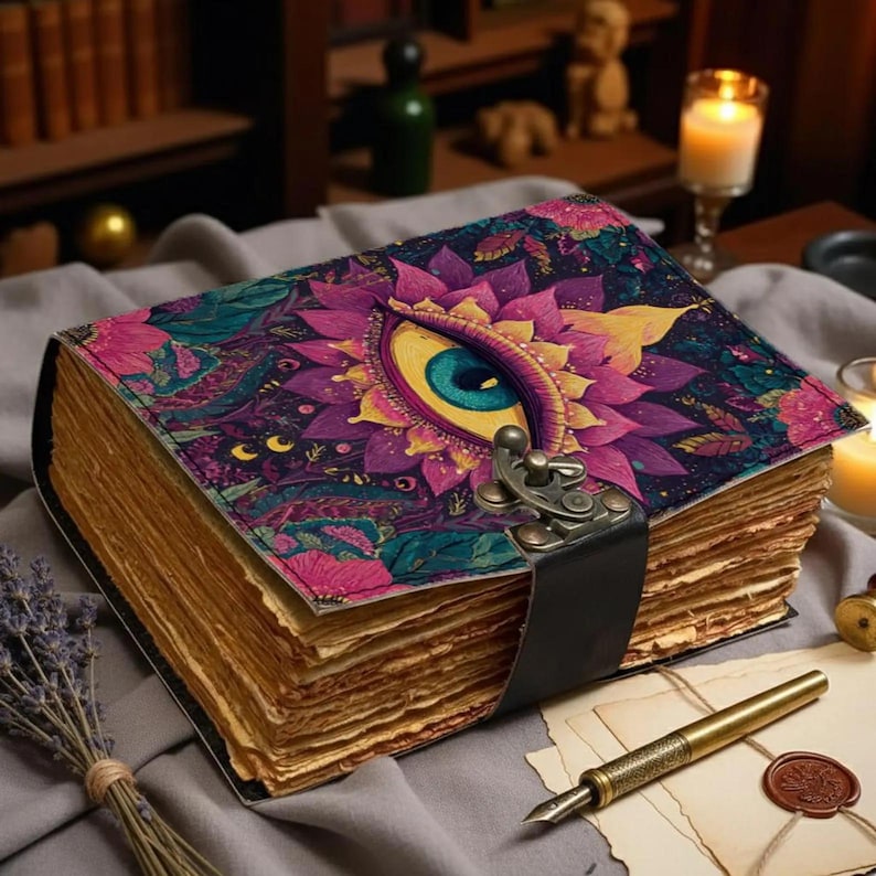 evil eye leather journal, handmade grimoire journal, book of shadows, vintage spell book, witchy journal, third eye notebook, celestial journal, gothic leather diary, antique paper notebook, manifestation journal, dark academia journal, spiritual gift, leather sketchbook