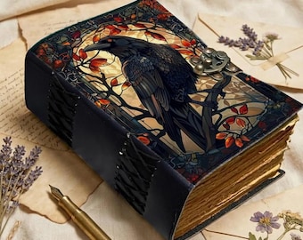 Handmade Raven Leather Journal with Lock, Gothic Grimoire Spell Book, Antique Paper Notebook