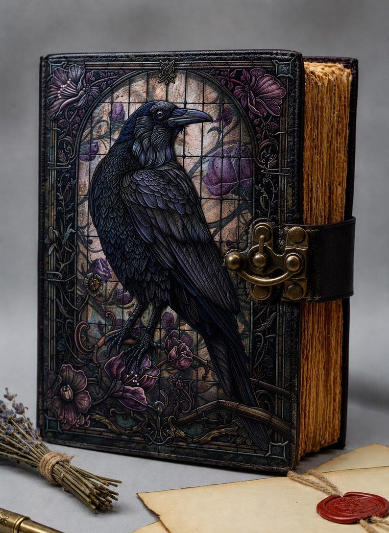 May include: A hardcover journal featuring a black raven illustration set against a stained glass background with purple flowers. The book has a dark leather-like cover, a brass metal latch closure, and thick, textured, light brown paper pages.