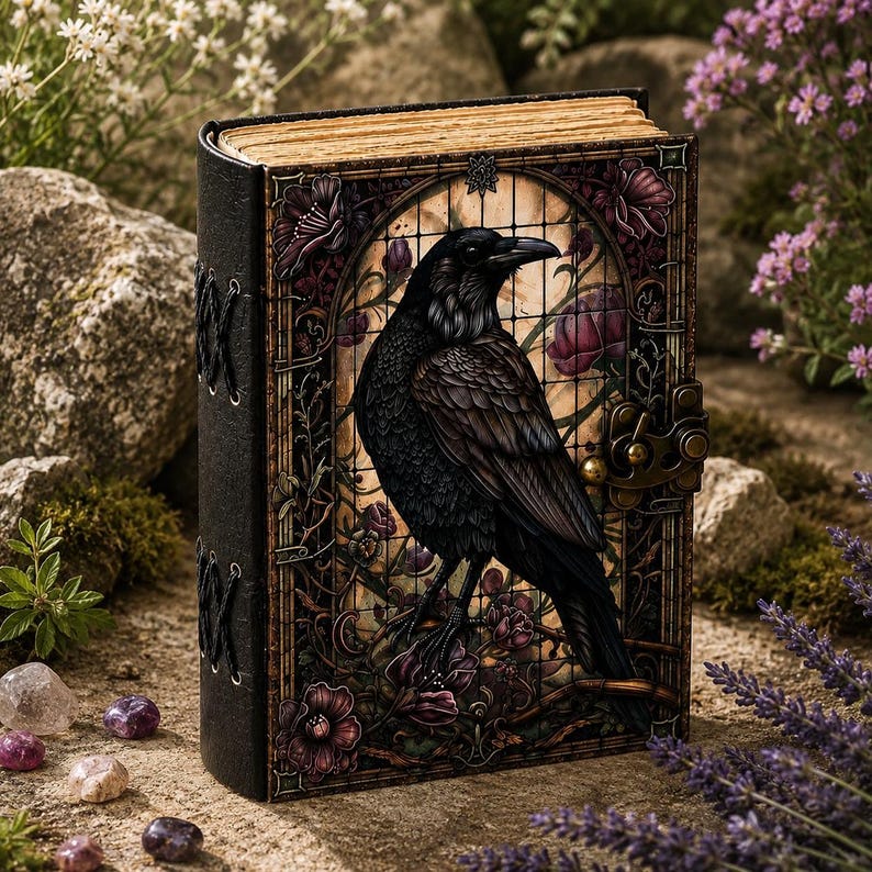 May include: A black leather-bound journal featuring a central illustration of a raven perched within an arched window frame surrounded by purple flowers. The book has a metal latch closure and black cord lacing along the spine edge.