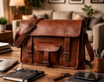 Vintage Leather Messenger Bag for Men & Women, Handmade Laptop Bag, Rustic Office Satchel, Full Grain Leather Work Bag, Crossbody