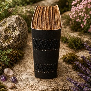 May include: A black leather-bound journal featuring a vertical spine with two sections of decorative black cross-stitching. The book has thick, deckled-edge pages with a tan, aged appearance, standing upright with a curved, flexible cover design.