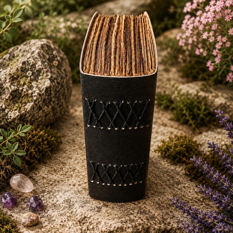 May include: A black leather-bound journal featuring a vertical spine with two sections of decorative black cross-stitching. The book has thick, deckled-edge pages with a tan, aged appearance, standing upright with a curved, flexible cover design.