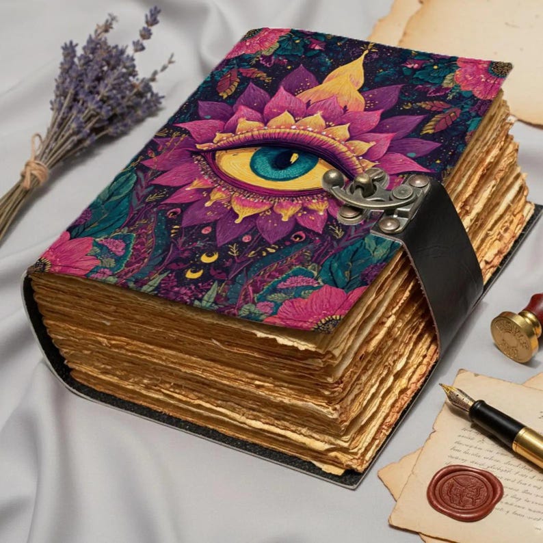 evil eye leather journal, handmade grimoire journal, book of shadows, vintage spell book, witchy journal, third eye notebook, celestial journal, gothic leather diary, antique paper notebook, manifestation journal, dark academia journal, spiritual gift, leather sketchbook