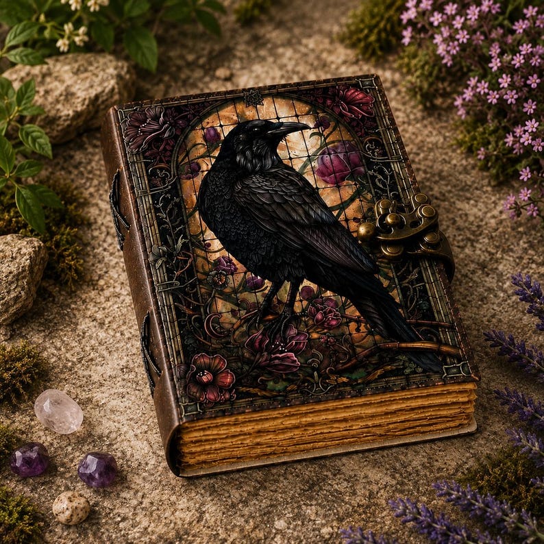 May include: A rectangular journal with a dark brown cover featuring a central illustration of a black raven perched within a stained glass window frame surrounded by purple flowers. The book has a metallic latch and deckled, tan-colored pages.