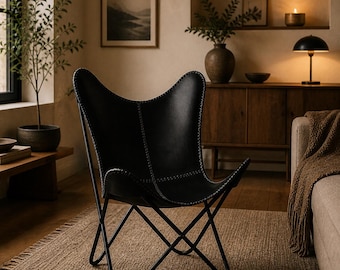 Modern Black Leather Butterfly Chair, Handmade Minimalist Lounge Chair, Folding Accent Chair, Rustic Living Room Seating, Mid Century Style