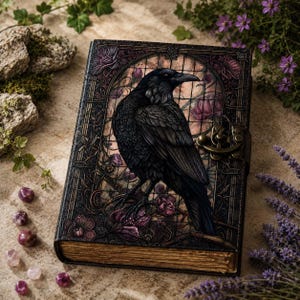 May include: A rectangular hardcover journal featuring a black raven illustration centered against a stained glass window pattern with purple floral accents. The book has a dark metallic latch closure and aged, textured paper edges visible at the bottom.
