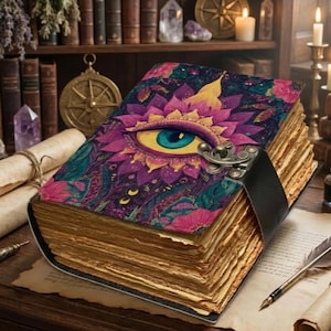 evil eye leather journal, handmade grimoire journal, book of shadows, vintage spell book, witchy journal, third eye notebook, celestial journal, gothic leather diary, antique paper notebook, manifestation journal, dark academia journal, spiritual gift, leather sketchbook