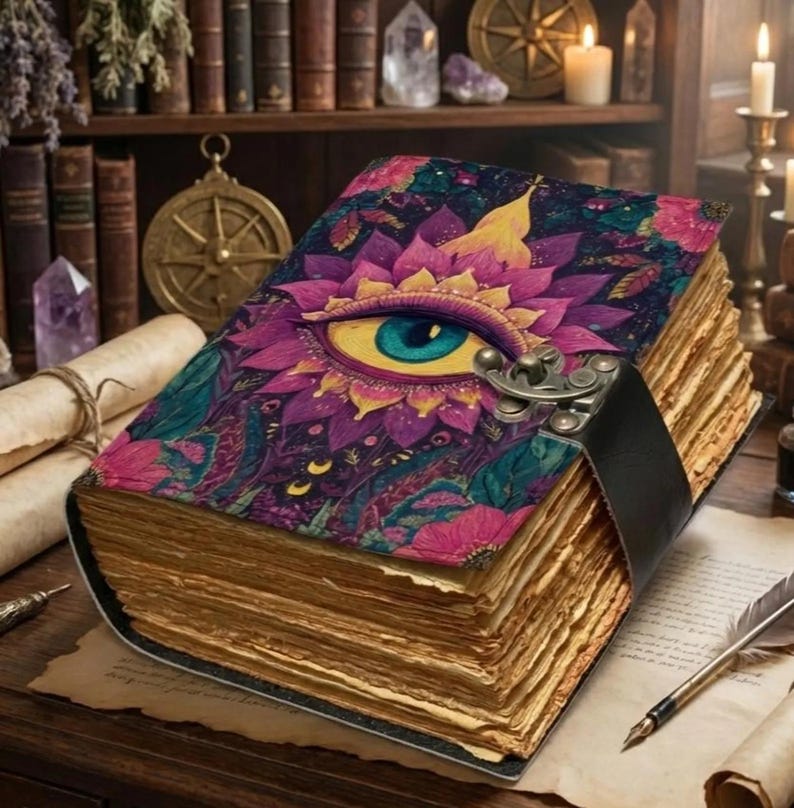 evil eye leather journal, handmade grimoire journal, book of shadows, vintage spell book, witchy journal, third eye notebook, celestial journal, gothic leather diary, antique paper notebook, manifestation journal, dark academia journal, spiritual gift, leather sketchbook