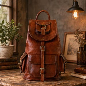May include: A brown leather backpack featuring a top handle, a flap closure with a buckle, and three exterior pockets with buckle straps. The bag has a smooth, polished finish with visible stitching and antique-style metal hardware throughout.