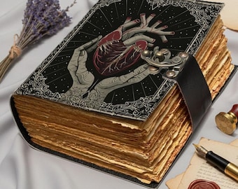 Gothic Leather Journal | Anatomical Heart Grimoire, Vintage Paper