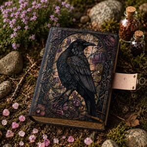 May include: A rectangular journal with a dark cover featuring a black raven illustration set against a stained glass-style floral background. The book includes a brass-colored metal latch and a light-colored leather strap closure on the side.