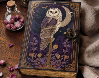 Mystic Owl Leather Journal – Celestial Moon Diary, Gothic Notebook, Fantasy Grimoire