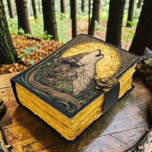 Könnte beinhalten: Ein detailliertes Notizbuch mit einer Illustration eines heulenden Wolfs auf dem Einband. Der Einband zeigt einen Wolf, der den Vollmond anheult, mit aufwendigen Gold- und Grüntönen. Die Seiten haben ein Vintage-Aussehen, und das Notizbuch ist mit einem Lederriemen gesichert.