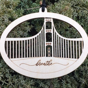 Michigan's Mackinac Bridge MI Check in when you're at the bridge breathe Wood Ornament Breathe