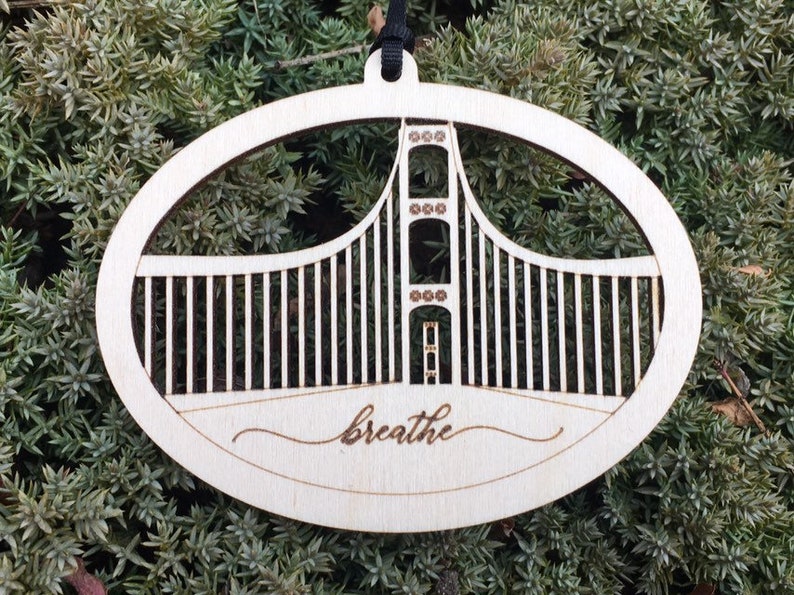 Michigan's Mackinac Bridge MI Check in when you're at the bridge breathe Wood Ornament Breathe